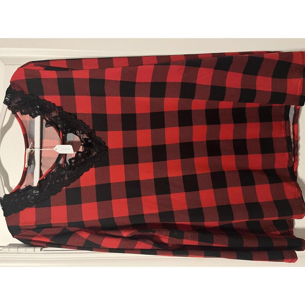 Red & Black Buffalo Plaid Top with Lace Detail